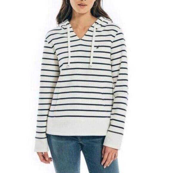 Nautica Nautical Navy White Stripe Relaxed Fit Hoodie XL - Picture 2 of 9